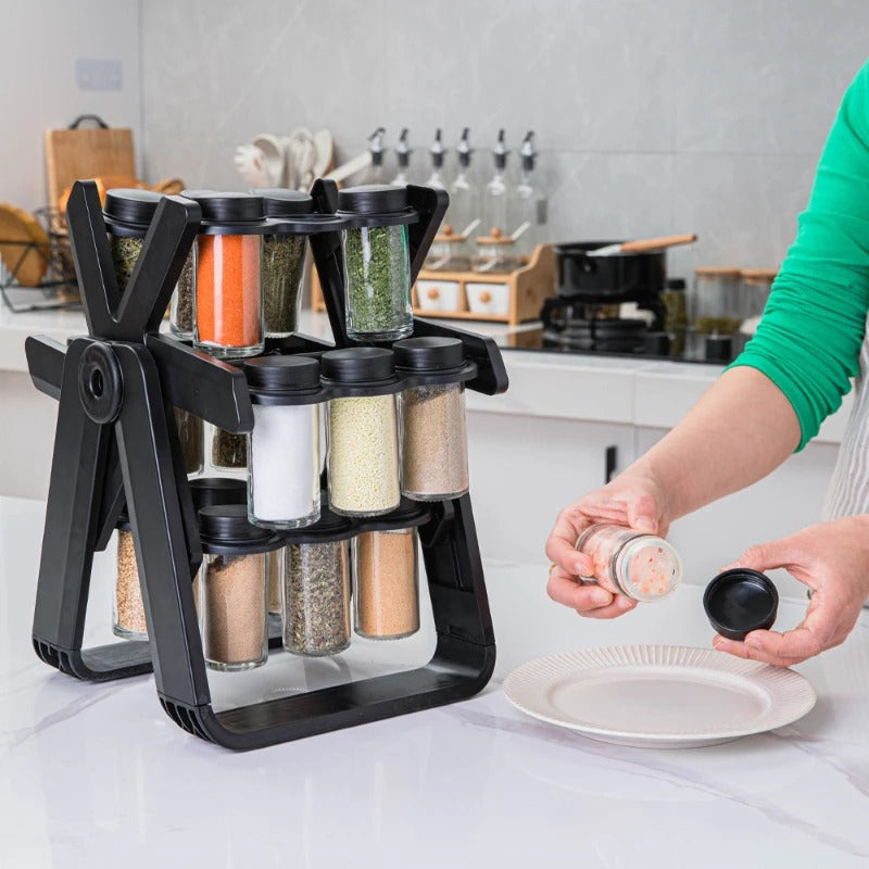 18-Jar Rotating Spice Rack Organizer Set – Windmill Design with Glass Jars, Spice Labels & Funnel