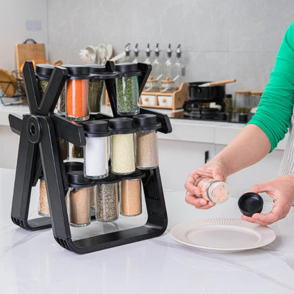 18-Jar Rotating Spice Rack Organizer Set – Windmill Design with Glass Jars, Spice Labels & Funnel