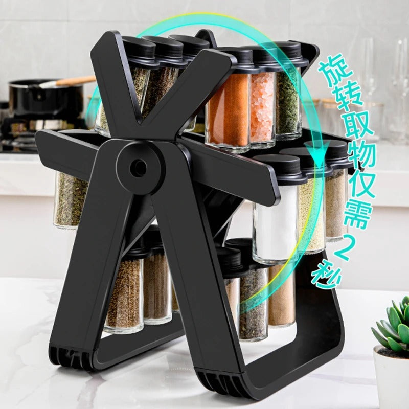18-Jar Rotating Spice Rack Organizer Set – Windmill Design with Glass Jars, Spice Labels & Funnel