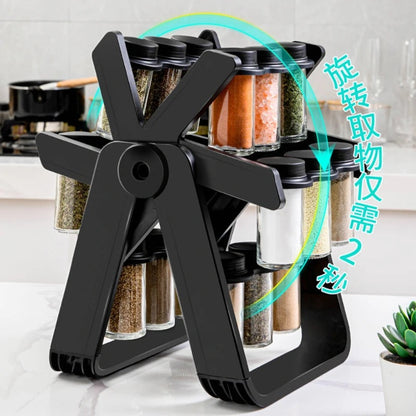 18-Jar Rotating Spice Rack Organizer Set – Windmill Design with Glass Jars, Spice Labels & Funnel
