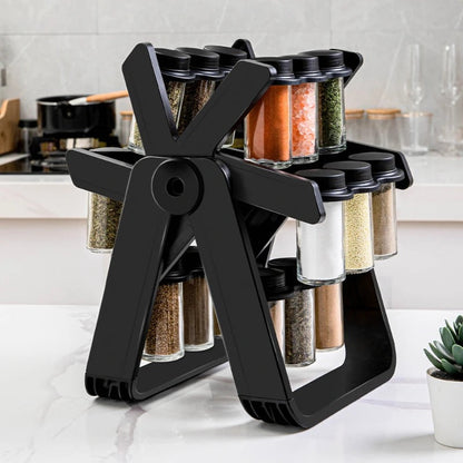 18-Jar Rotating Spice Rack Organizer Set – Windmill Design with Glass Jars, Spice Labels & Funnel