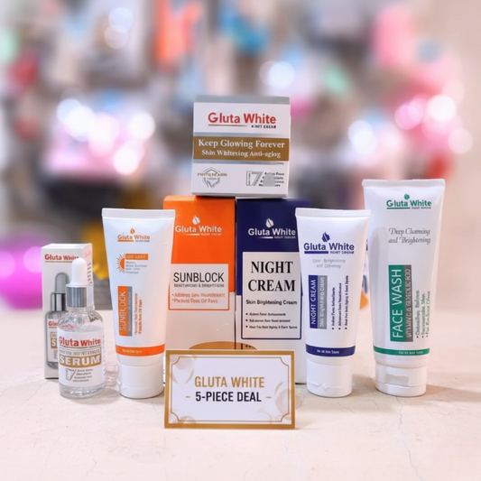 5‑in‑1 Gluta White Skincare Set | Face Cream, Facewash, Serum, Sunblock & Night Cream
